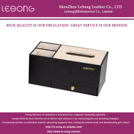 LS1008A Black Leather Tissue Box With Drawer